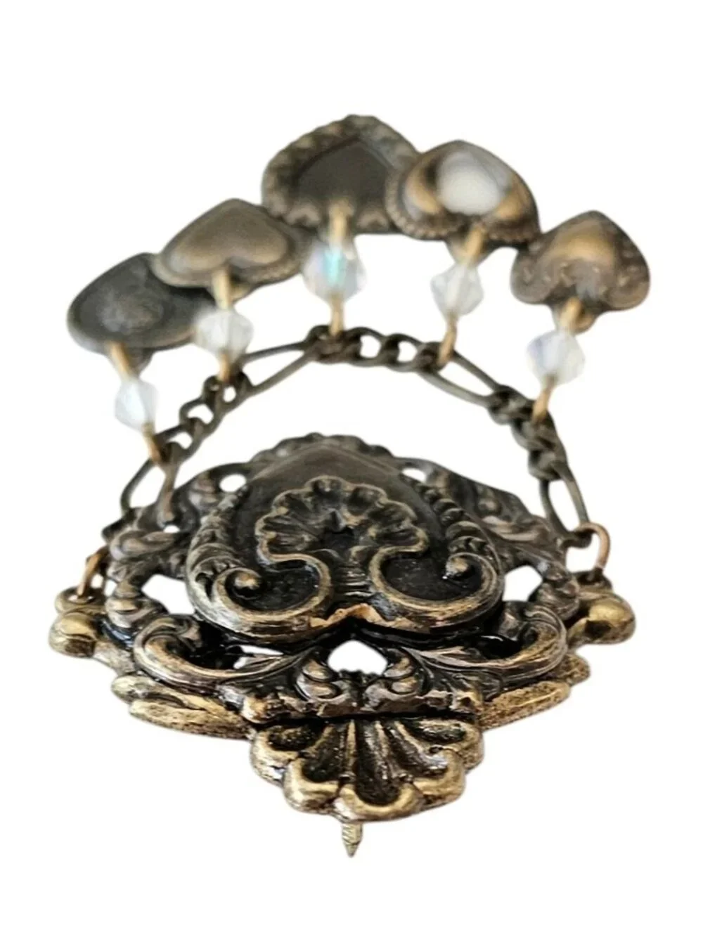 Heart Shield Pin Brass Chatelaine Style AB Rhinestone Dangle Lapel Tack, J24